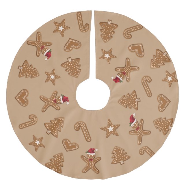 Gingerbrot Weihnachtskeksformen auf Braun Polyester Weihnachtsbaumdecke (Vorderseite)