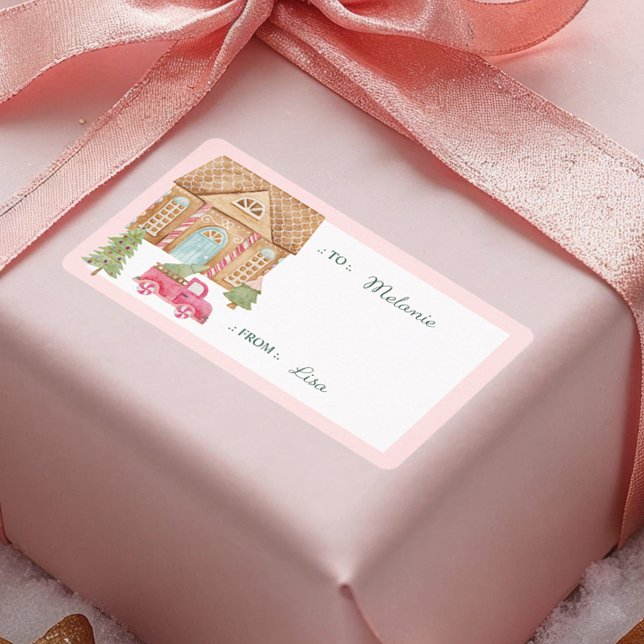 Gingerbrothaus & Vintager LKW von und nach Rot (Gingerbread House & Red Vintage Truck To & From Label)