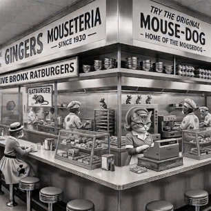 Gingers NYC Mouseteria, Heimat des Mousedog. Napf