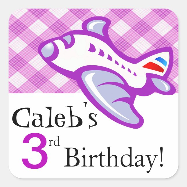 Gingham Airplane Birthday Party Gefallen | Lila Quadratischer Aufkleber (Vorderseite)
