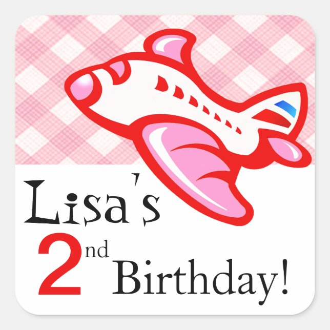 Gingham Airplane Birthday Party Gefallen | rosa ro Quadratischer Aufkleber (Vorderseite)