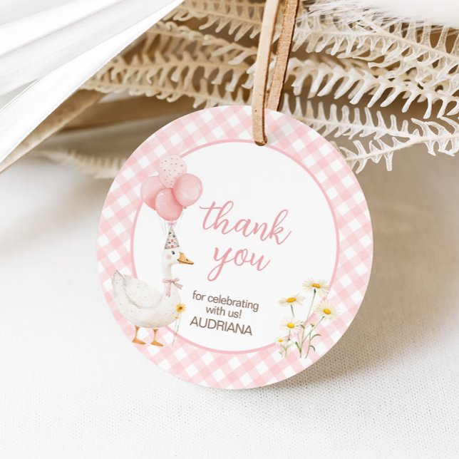 Gingham Albern Goose Birthday Party Geschenkanhänger (Pink Gingham Silly Goose Birthday Party Round Favor Tags)
