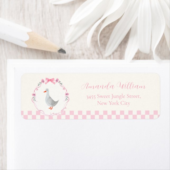 Gingham-Alberner-Gans-Baby-Shower-Rücksendeadresse (Insitu)