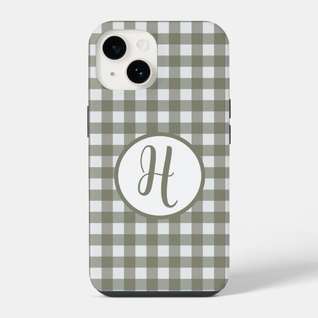 Gingham-Anfangsmonogramm Kreis Salbeigrün Karos iPhone Hülle (Rückseite)