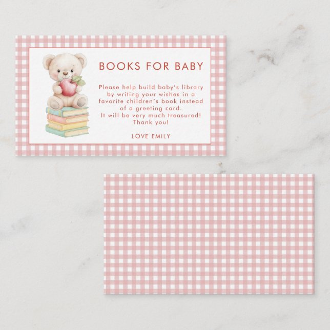 Gingham Apple of Eye Bear Books for Baby Shower Begleitkarte (Vorne/Hinten)