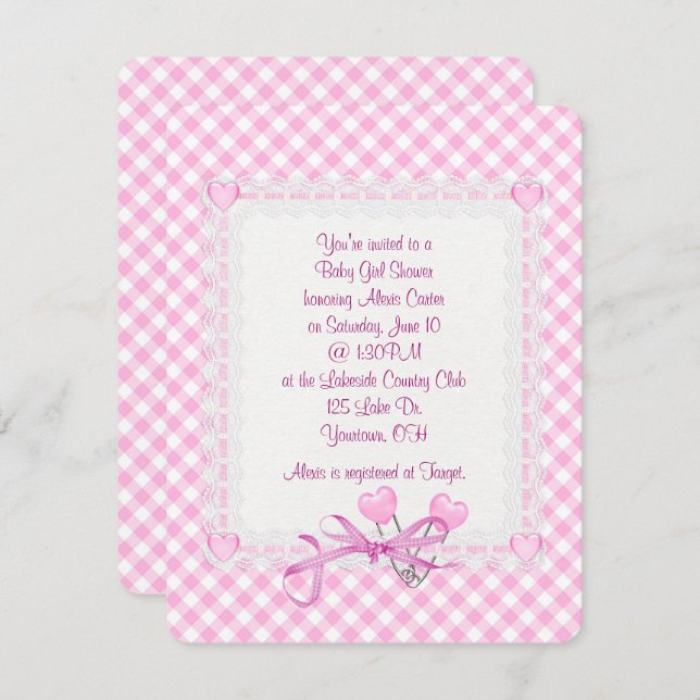 Gingham Baby Girl Einladung (Vorne/Hinten)