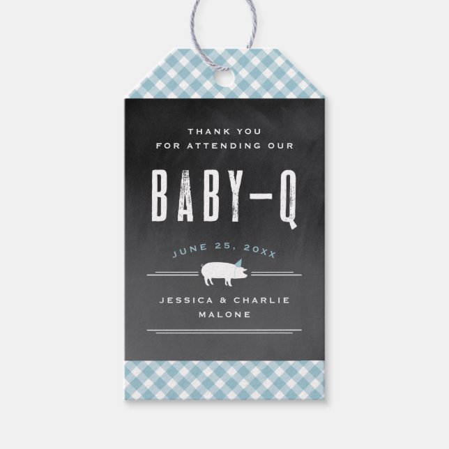 Gingham Baby GRILLEN Blue Baby Shower Geschenkanhänger (Vorderseite)