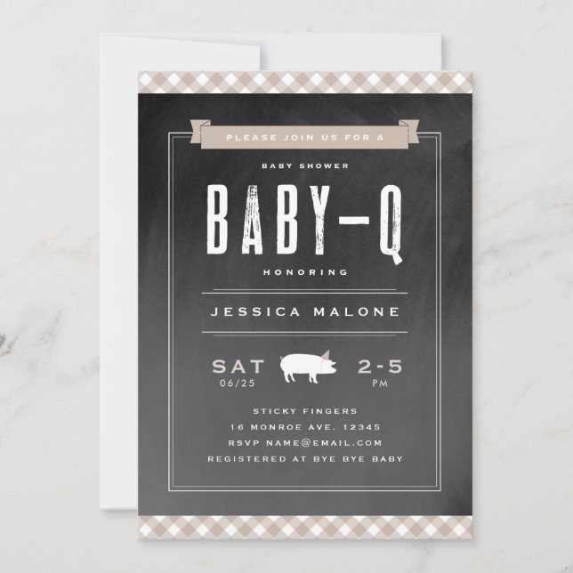 Gingham Baby GRILLEN Neutral Khaki Baby Shower Einladung (Vorderseite)
