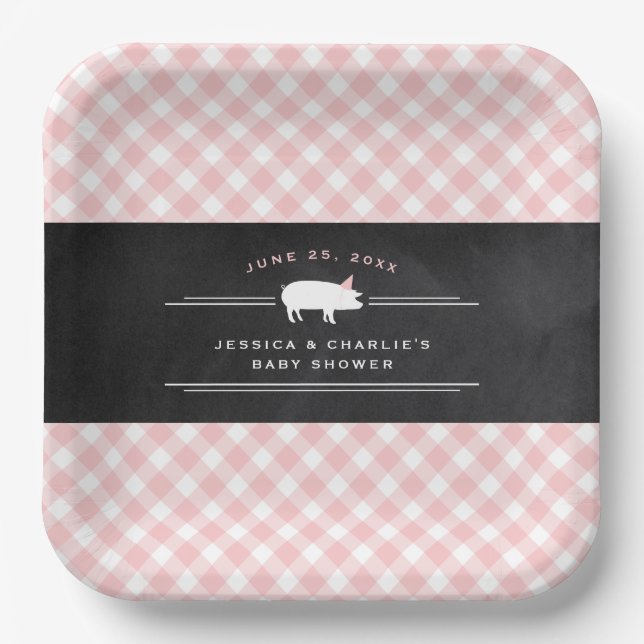 Gingham Baby GRILLEN Pink Co-ed Baby Shower Pappteller (Vorderseite)