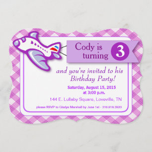 Gingham Banner Flugzeug Geburtstag Lavendel Einladung