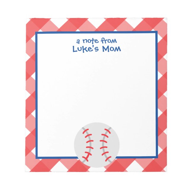 Gingham Baseball Personalisiert Notepad Notizblock (Vorderseite)