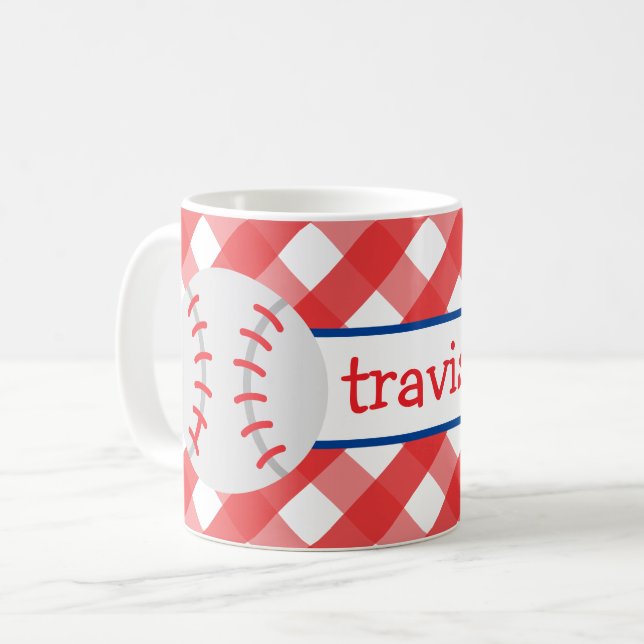 Gingham Baseball personalisierte Mug Kaffeetasse (Vorderseite Links)