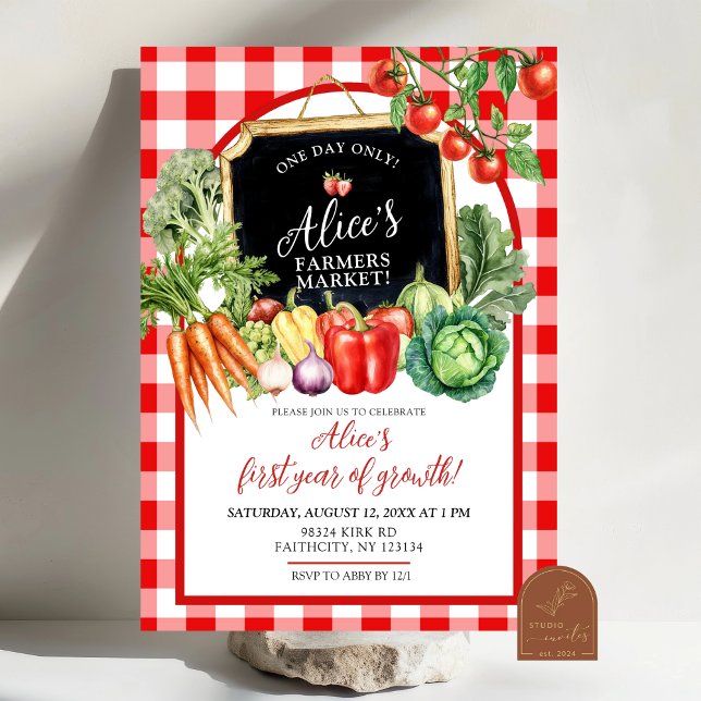 Gingham Bauernmarkt Geschlecht Erste Geburtstag Einladung (Von Creator hochgeladen)