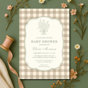 Gingham Beige Elfenbein Blumen-Schleife Baby Showe Einladung
