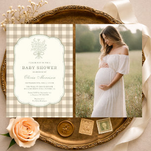 Gingham Beige Elfenbein Blumen Schleife Foto Baby Einladung