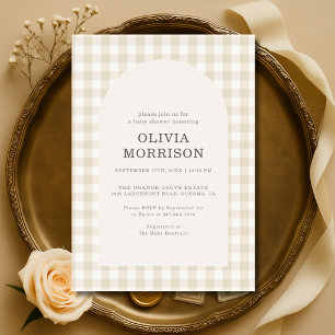 Gingham Beige geschlechtsneutrale Babyparty Einladung