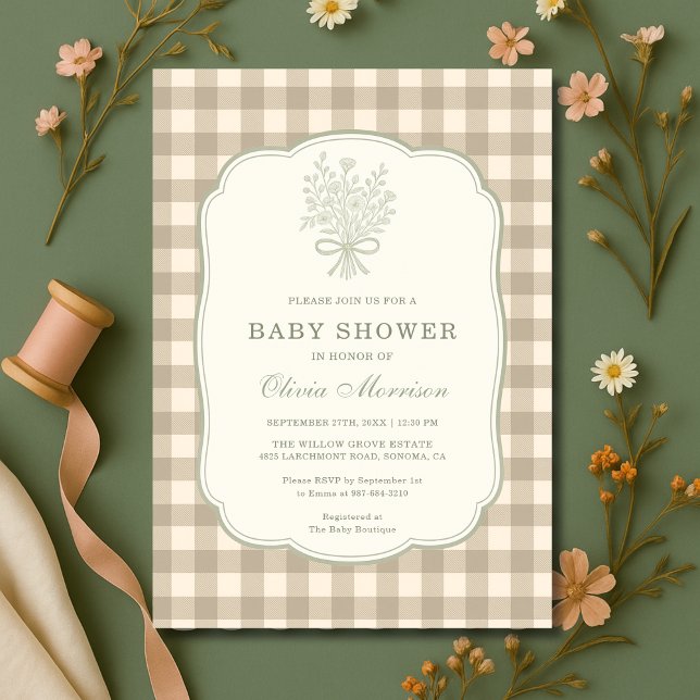 Gingham Beige Ivory Floral Bow Baby Shower Einladung (Von Creator hochgeladen)