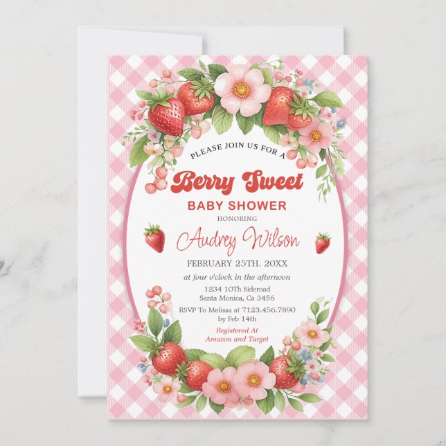 Gingham Berry Sweet Baby Shower Einladung (Vorderseite)