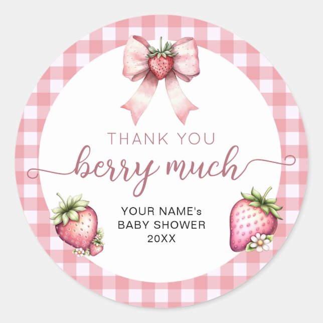 Gingham berry sweet baby shower  runder aufkleber (Vorderseite)