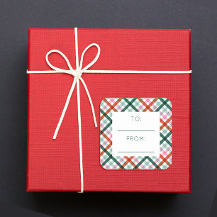 Gingham bis vom Weihnachtsgeschenkkleber Quadratischer Aufkleber