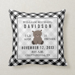 Gingham Black + White Bear Baby Boy Birth Stats Kissen