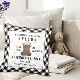Gingham Black + White Bear Baby Girl Birth Stats Kissen