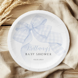 Gingham Blaues Schleifen-Baby-Shower-Papier-Teller Pappteller
