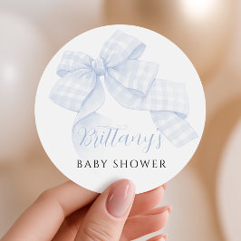 Gingham Blaues Schleifen-Baby-Shower-Sticker Runder Aufkleber