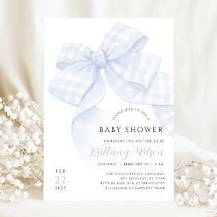 Gingham Blue Bow Baby Shower Einladung