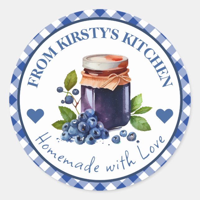 Gingham Blueberry Jam Label Runder Aufkleber (Vorderseite)