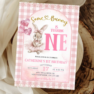 Gingham-Blumen-Ballerina-Hase Erster Geburtstag Einladung