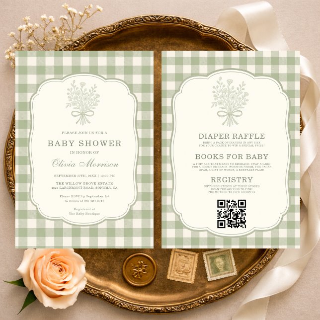 Gingham-Blumen-Schleife QR-Code Baby Shower Alles  Einladung (Von Creator hochgeladen)