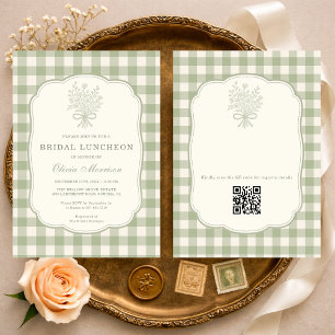 Gingham-Blumen-Schleifen-Hochzeits-Lunch-QR-Code Einladung