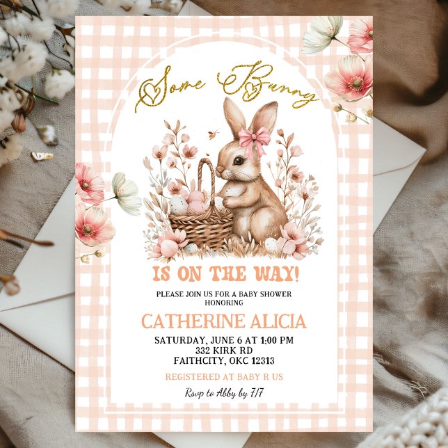 Gingham Boho Floral Easter Bunny Baby Shower Einladung (Von Creator hochgeladen)