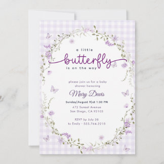 Gingham Boho Frühling Lavendel Schmetterling Baby Einladung