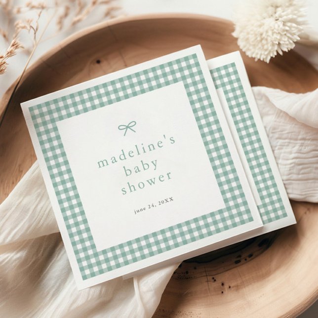 Gingham Bow Sage Green Gender Neutral Baby Dusche Serviette (Sage green bow gingham gender neutral baby shower napkins.)