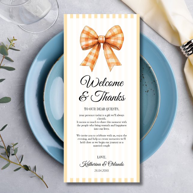 Gingham Bow Wedding Place Setting Thank You Card Programm (Von Creator hochgeladen)
