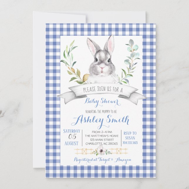 Gingham Bunny Baby Dusche Einladung (Vorderseite)