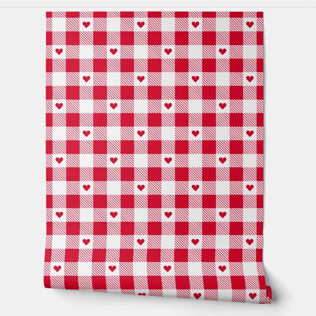 Gingham Checkered Pattern Herzenplatten Tapete (Abrollen)