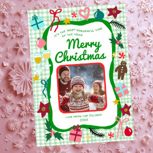 Gingham Christmas Quirky Whimsical CUSTOM FOTO Feiertagskarte