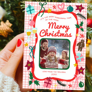 Gingham Christmas Quirky Whimsical CUSTOM FOTO Feiertagskarte