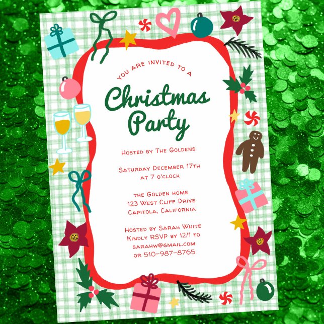 Gingham Christmas Quirky Whimsical CUSTOM Party Einladung (Gingham Christmas Quirky Whimsical CUSTOM Party Invitation
)