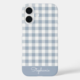 Gingham Coastal Plaid Preppy Check Blue White Name iPhone 16 Hülle