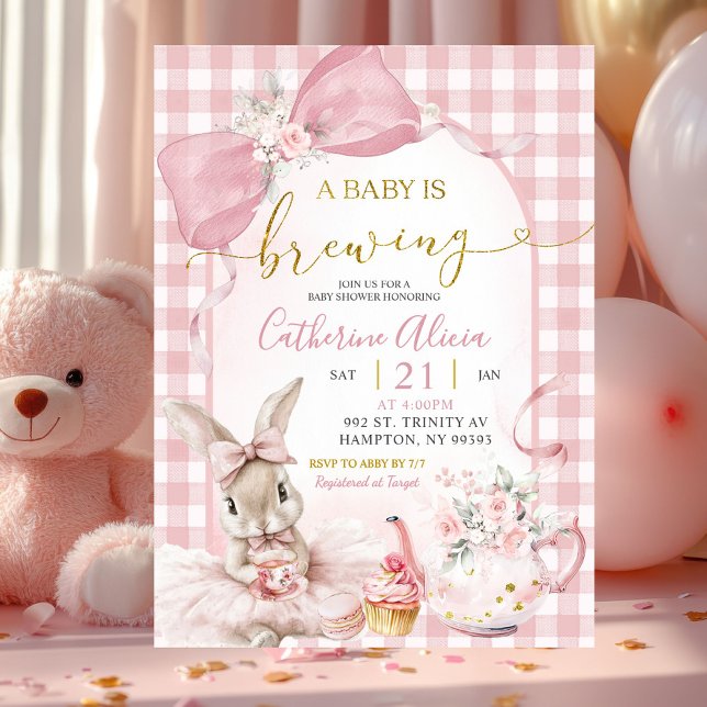 Gingham Coquette Pink Floral Bunny Baby Shower Einladung (Von Creator hochgeladen)