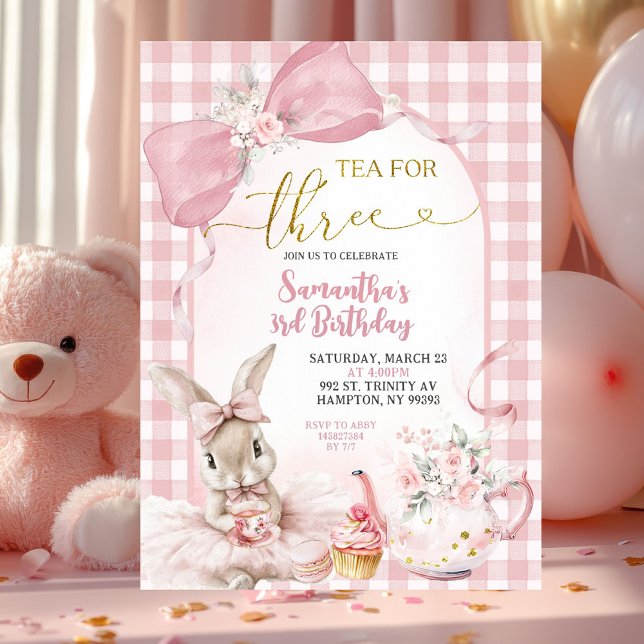 Gingham Coquette Pink Floral Bunny Third Birthday Einladung (Von Creator hochgeladen)