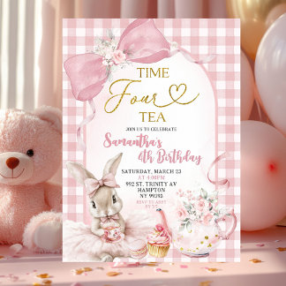 Gingham Coquette Rosa Blumenhase Vierter Geburtsta Einladung