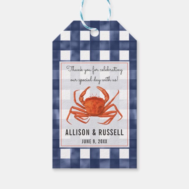 Gingham Crab Coastal Wedding Geschenkanhänger (Vorderseite)
