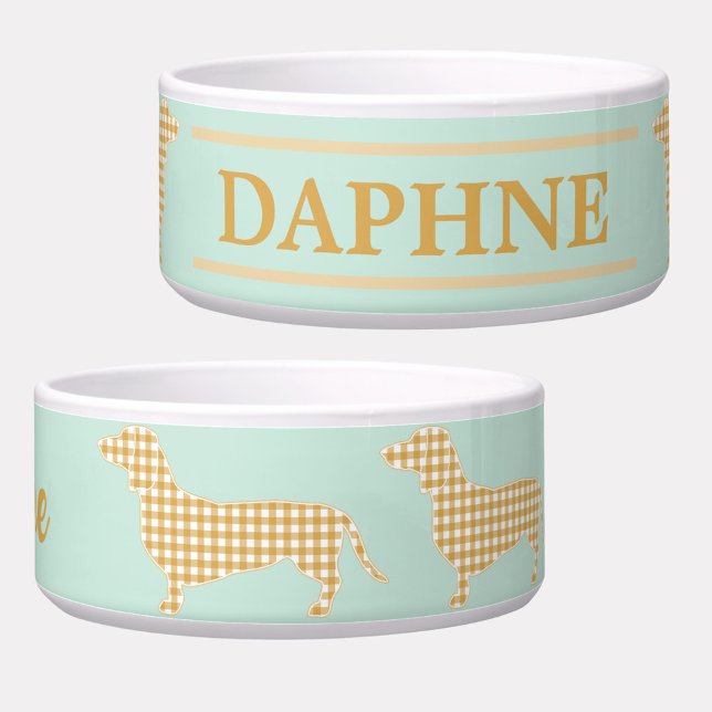Gingham Dackel auf Enteneier Blue - Traditionell Napf (Custom for your little Doxie, this cute pet bowl features cream gingham dachshunds on a mint backgro)