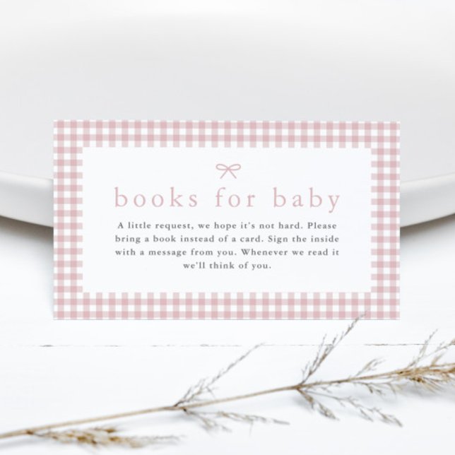 Gingham Dusty Pink Girls Books for Baby Shooter Begleitkarte (Dusty pink bow gingham girls books for baby shower  enclosure cards.)