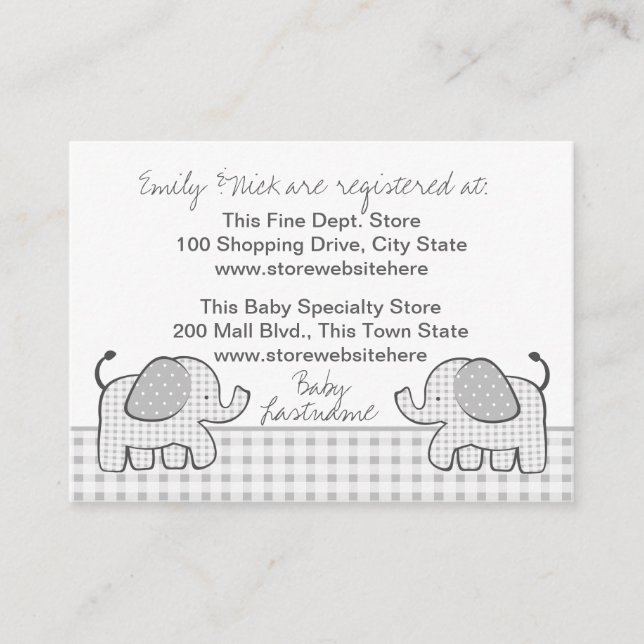 Gingham Elephant Gift Registry Card Begleitkarte (Vorderseite)